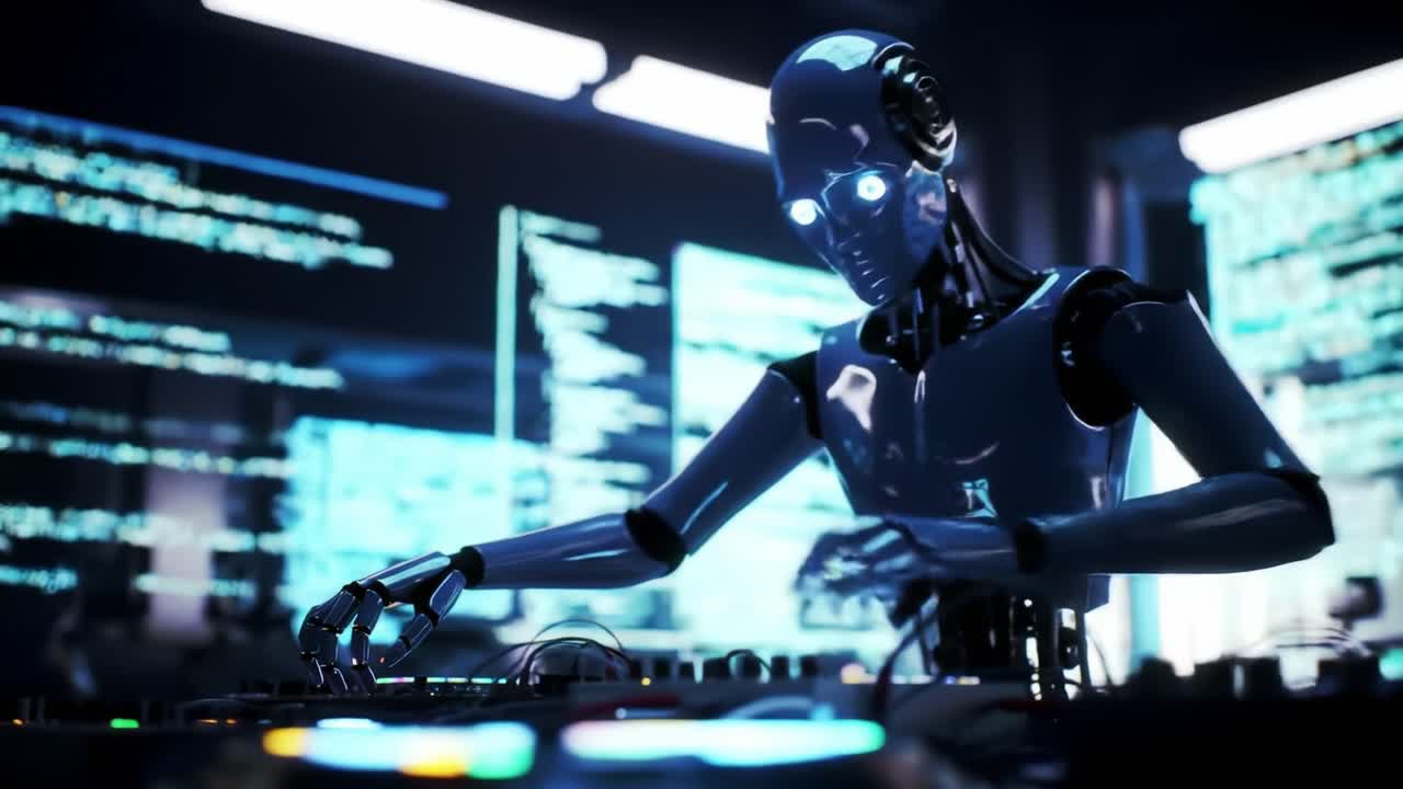 A robotic DJ skillfully mixes tracks at a high-tech nightclub, blending light displays with electronic music. The atmosphere is vibrant, highlighting advanced technology and creativity.
