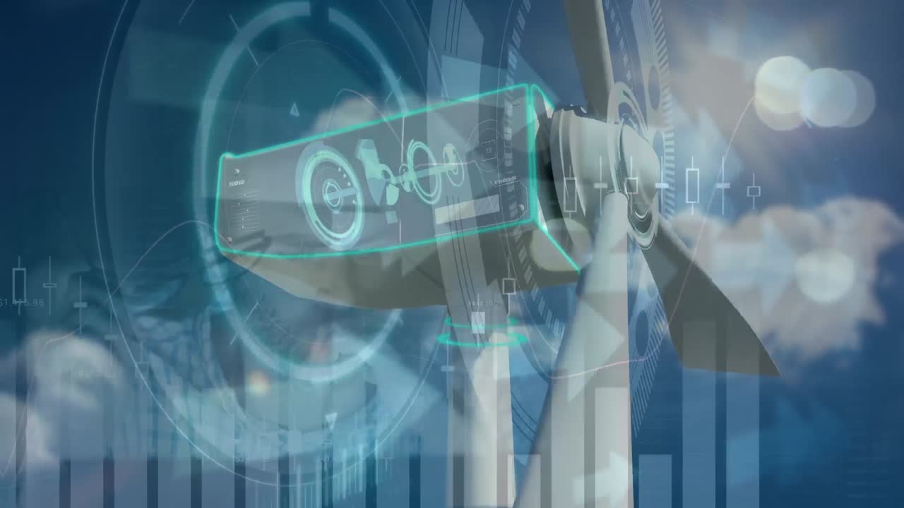 그래프의 애니메이션, 다양한 데이터와 풍력 터빈이 오피스에서 일하는 백인 남성 위로 움직입니다.