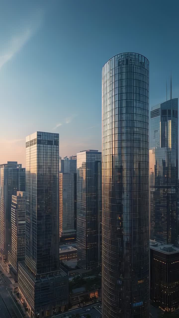 Video verticale: una fotocamera sul tetto riprende il cambiamento del tramonto su una torre di vetro rotonda in centro, con le finestre illuminate