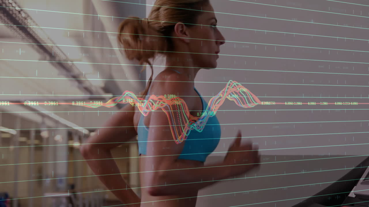 corriendo en una cinta de correr, mujer cubierta con una animación de gráficos de datos de fitness