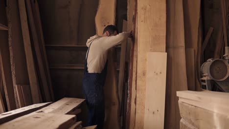 A-worker-in-a-carpentry-workshop-full-of-timber-chooses-the-suitable-material-for-work.-High-pieces-of-wood,-equipment-around