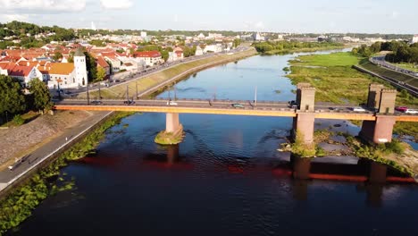 Bird's-eye-view-of-Grand-Duke-of-Lithuania-Vytautas-the-Great-bridge-over-river-Nemunas,-Kaunas,-Lithuania