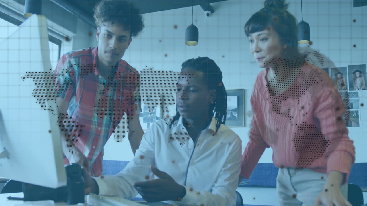 World map and data points animation over diverse team collaborating in office
