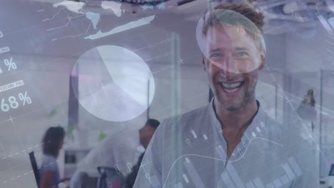 animation of interface processing data over happy caucasian businessman in office