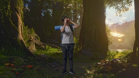 mujer caminando en un bosque al amanecer