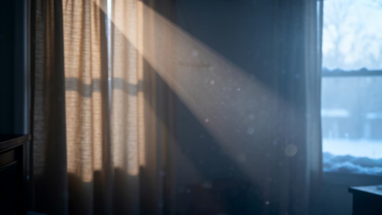 Casting beam breaking through gap, lighting sheer curtain at home and drifting dust by snowy sill