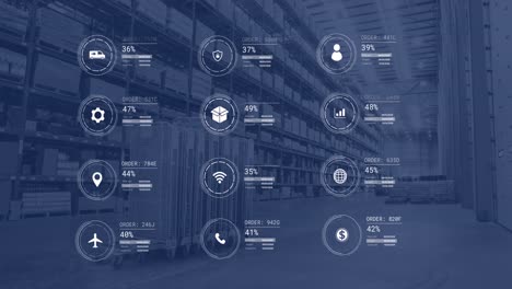 animation of icons with data processing over warehouse