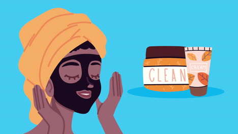 woman applying charcoal face mask with skincare products