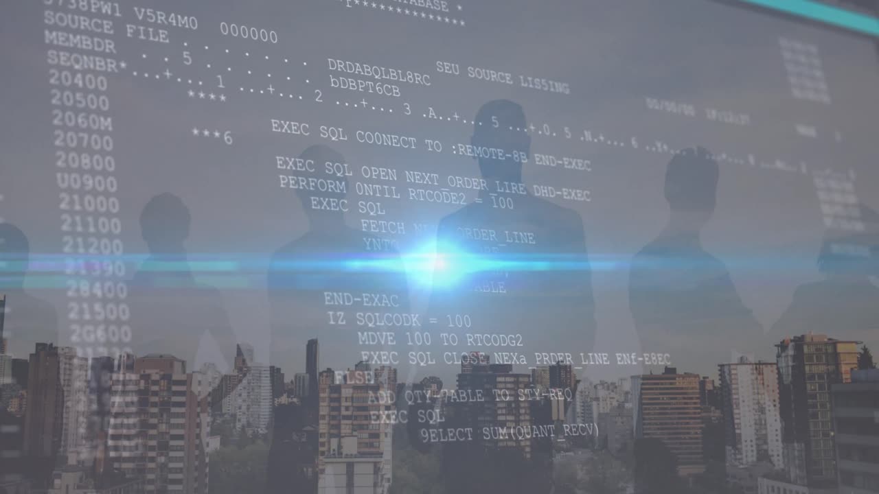 사람들의 실루 ⁇ , 빛 및 도시 풍경에 대한 데이터의 애니메이션