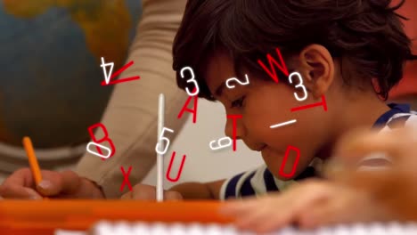 multiple changing numbers and alphabets against school, boy studying at school