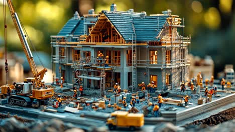 construction workers building a detailed miniature house in a park