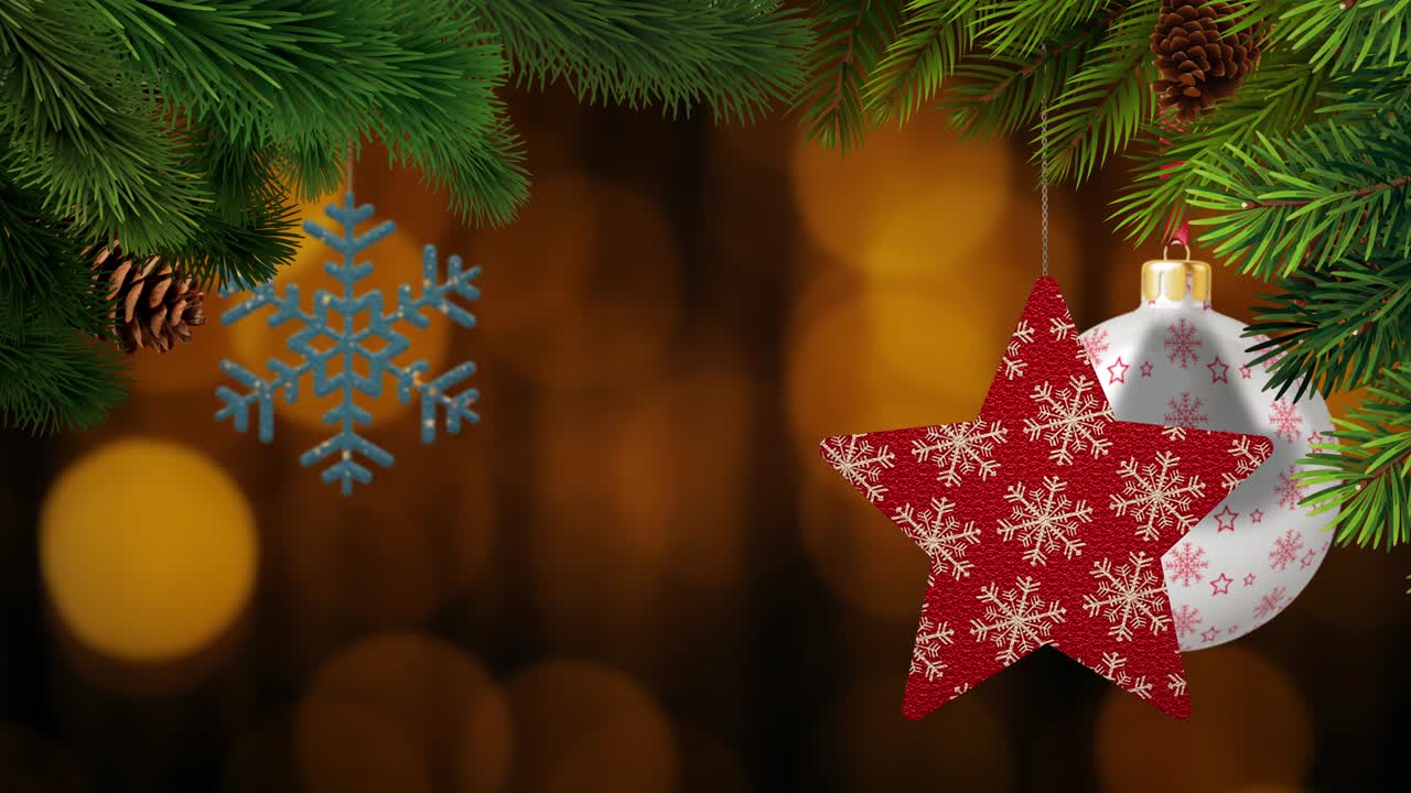los adornos de navidad y los pinos se balancean en un fondo bokeh en bucle