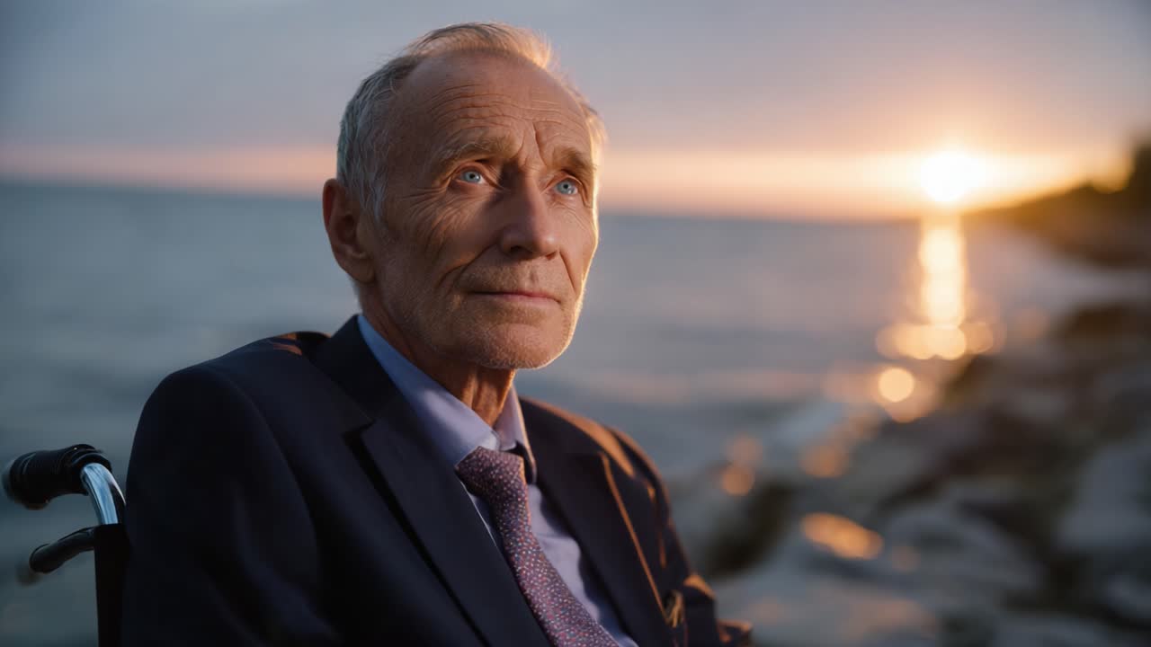 An elderly man in a suit gazes contemplatively at a serene sunset by the water, showcasing a moment of reflection and tranquility amidst nature's beauty
