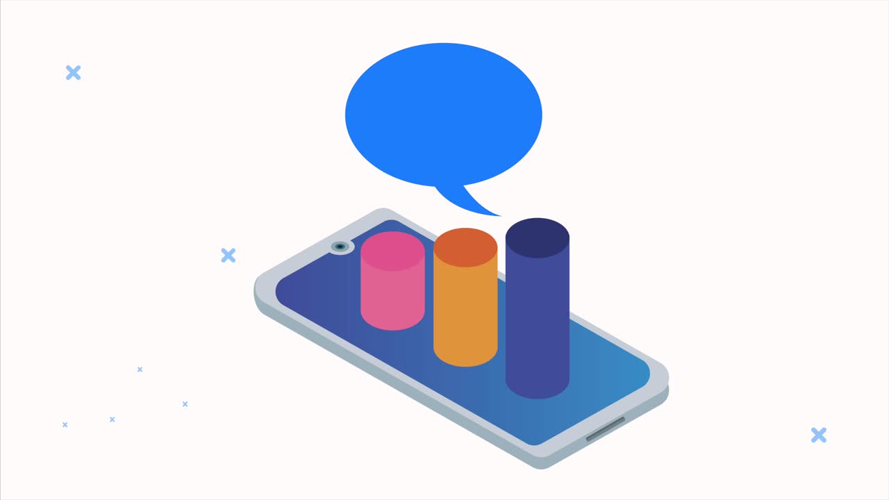 animación de análisis de datos del servidor con barras estadísticas en el teléfono inteligente y la burbuja de voz