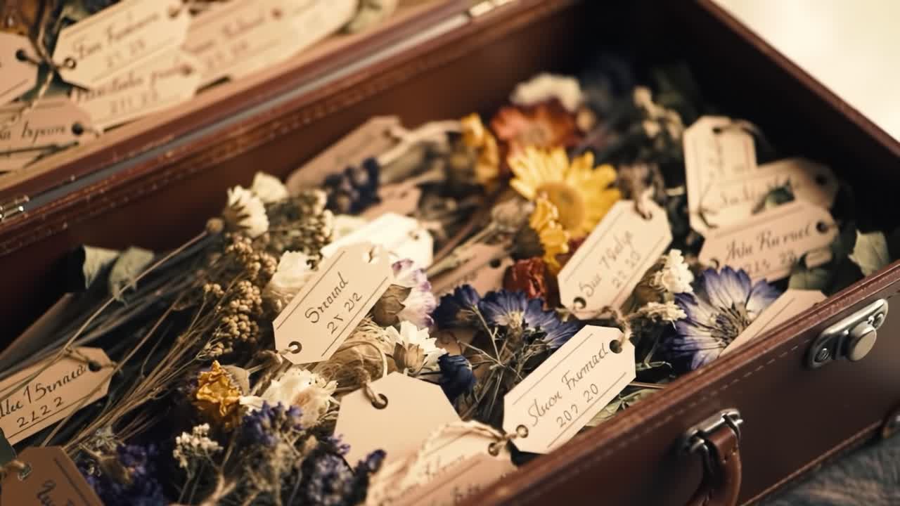 A Captivating Collection of Preserved Flowers and Herbs in an Antique Suitcase: Nature's Beauty Captured with Care and Elegance