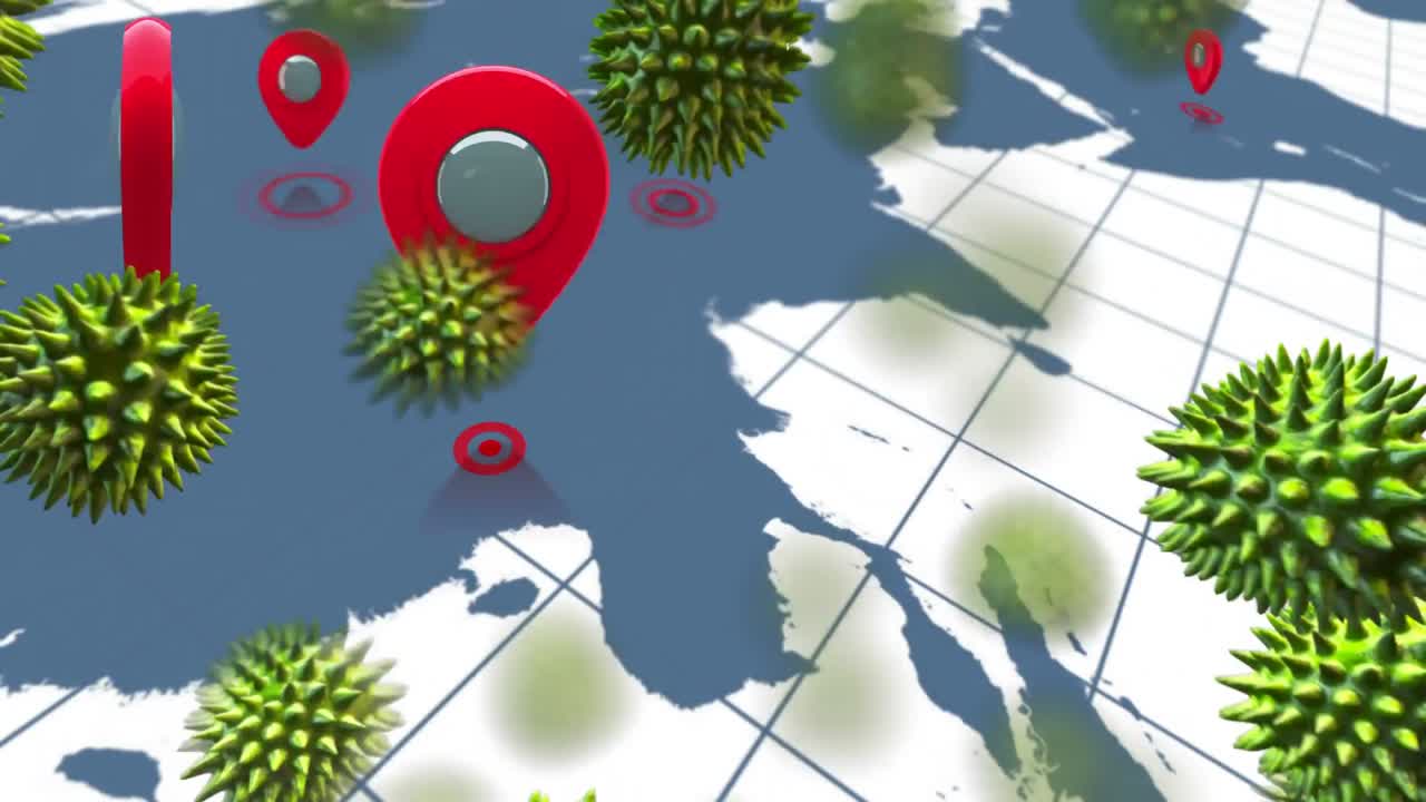 animación del virus corona verde con el mapa del mundo en el fondo
