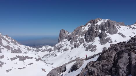 Anonymous-traveler-with-drone-on-Picos-de-Europa-mountains-covered-with-snow