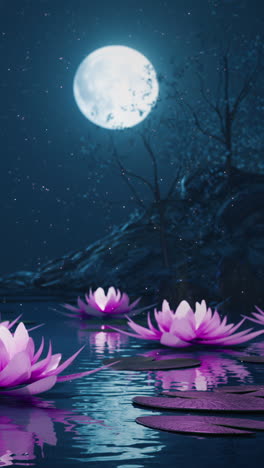 loop lotus flowers on a magical night on the water against the backdrop of the moon