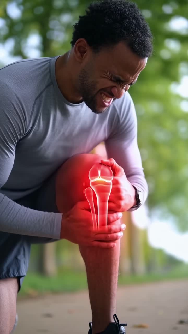 Close-up video angle of a man in pain holding his knee, with a glowing ...
