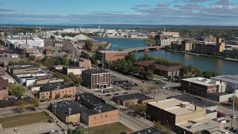 aerial view of down green bay wisconsin panning the fox river