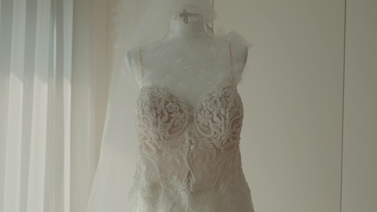 Delicate lace wedding gown illuminated by gentle daylight