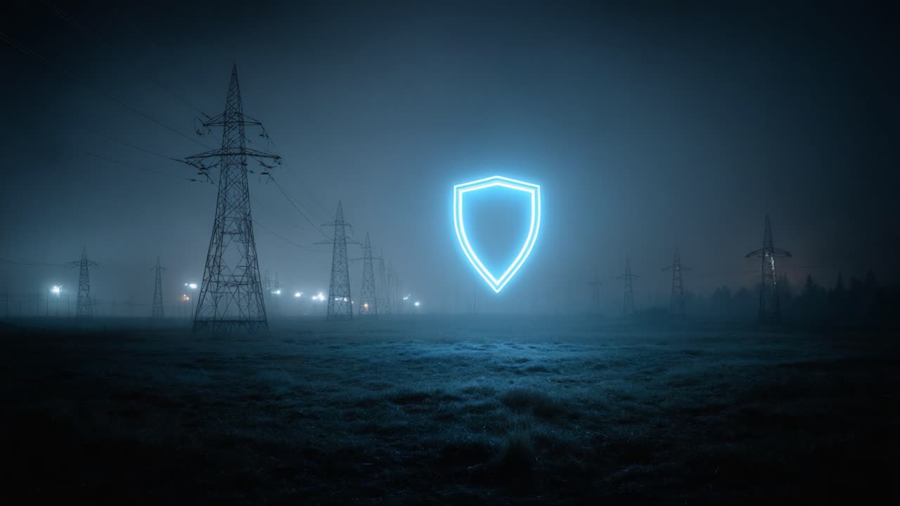 A Mysterious Night Scene Featuring Electric Transmission Towers and a Glowing Shield Outline, Creating an Intriguing Contrast Against the Foggy Background