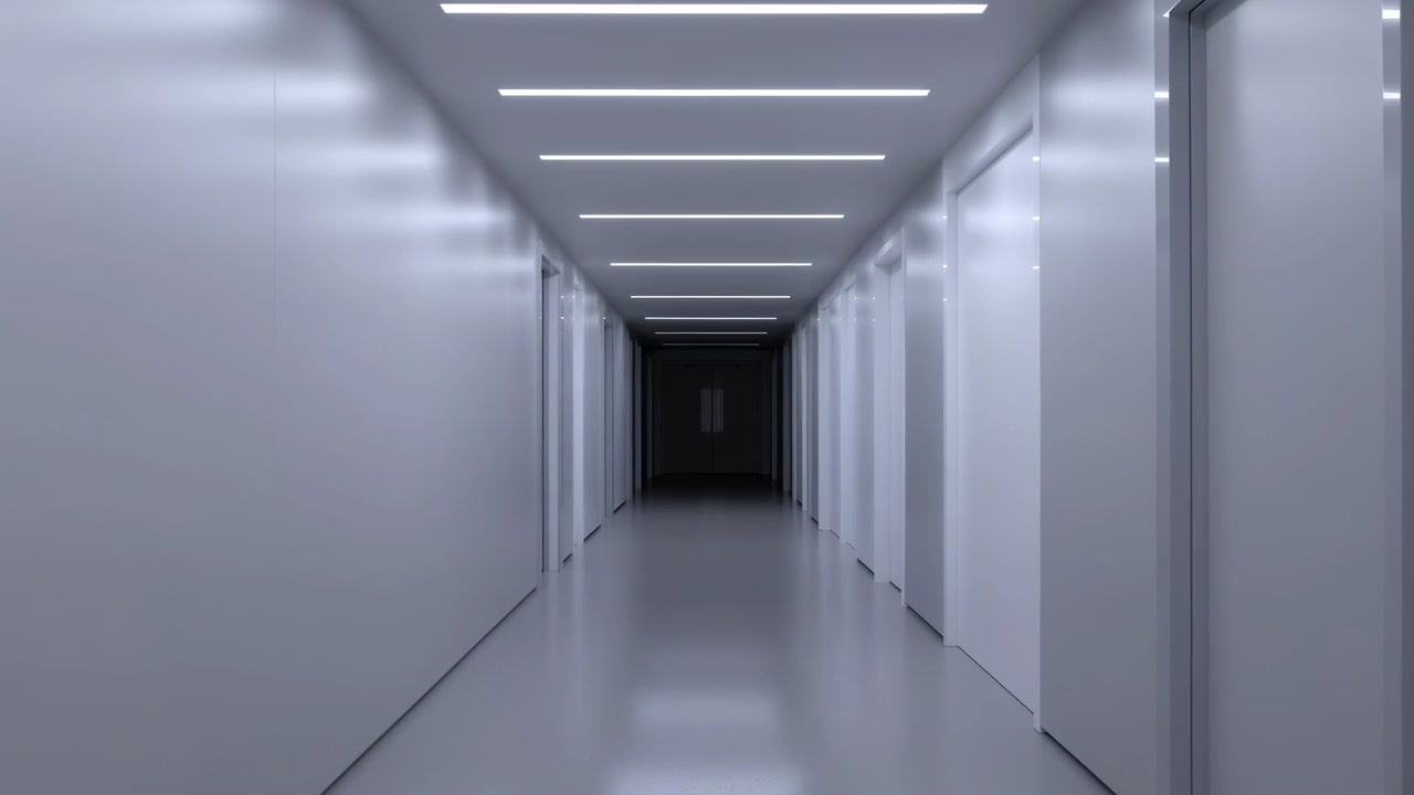 Centered hallway view shifts from cool bright illumination toward deep shadow, with ceiling light bars, smooth reflective floor, repeated door frames, clean walls, and dark doors remaining visible.