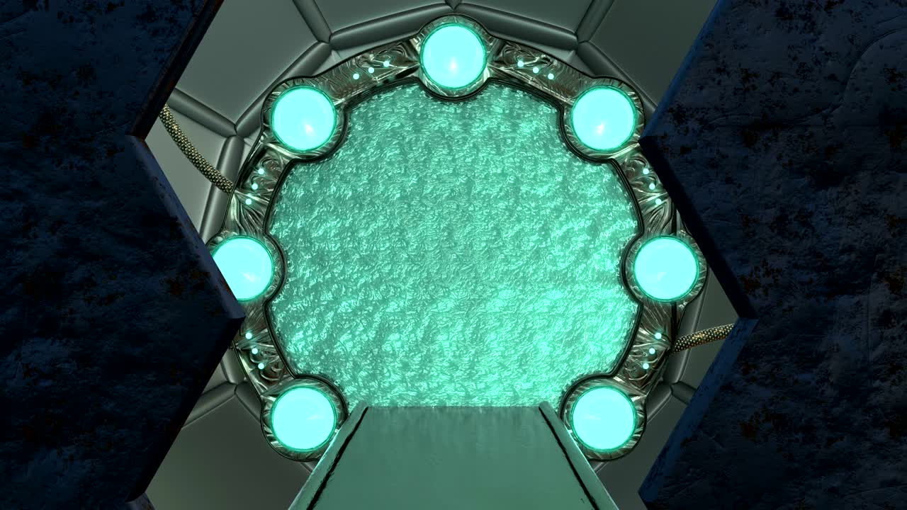 la escotilla oxidada de hierro abre una vista panorámica a la escena del paisaje de la nave espacial. fondo abstracto 3d de corredor de ciencia ficción con portal. tecnología futurista abstracto vj para títulos tecnológicos y fondo.