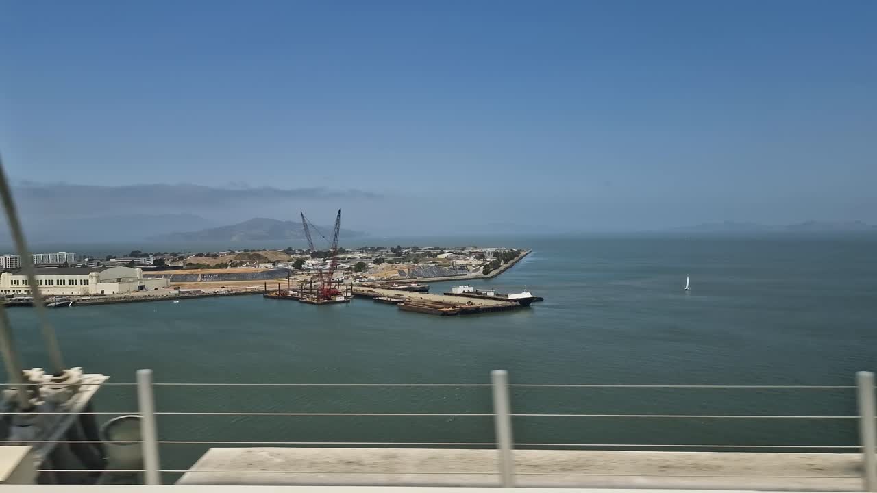 San Francisco USA, Treasure Island Harbor, View From Moving Vehicle on Oakland Bay Bridge