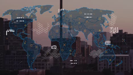 animación del mapa del mundo y procesamiento de datos frente a una vista aérea del paisaje urbano