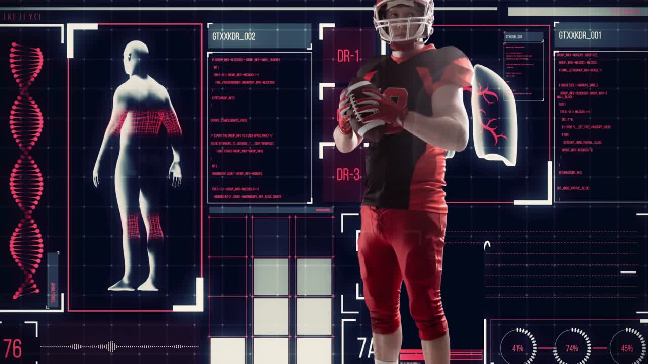 animación de un jugador de rugby caucásico sosteniendo la pelota sobre pulmones y cuerpo humanos digitales con codificación