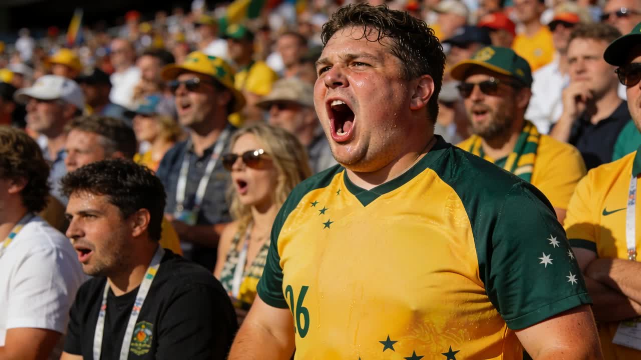 Reaccionando después de una jugada clave, un hombre con la camiseta amarillo-verde número 26 grita, apoyando a su equipo en el estadio.