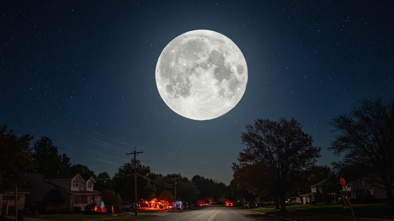 A Captivating Night Scene Featuring a Majestic Full Moon Illuminating a Serene Suburban Neighborhood Under a Starry Sky