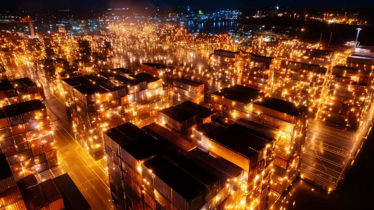 A mesmerizing aerial view of a bustling shipping yard illuminated by bright lights at night, showcasing numerous cargo containers stacked together in an intricate design
