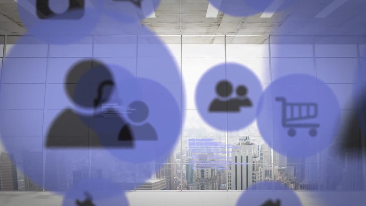 animación de iconos digitales en línea sobre el paisaje urbano