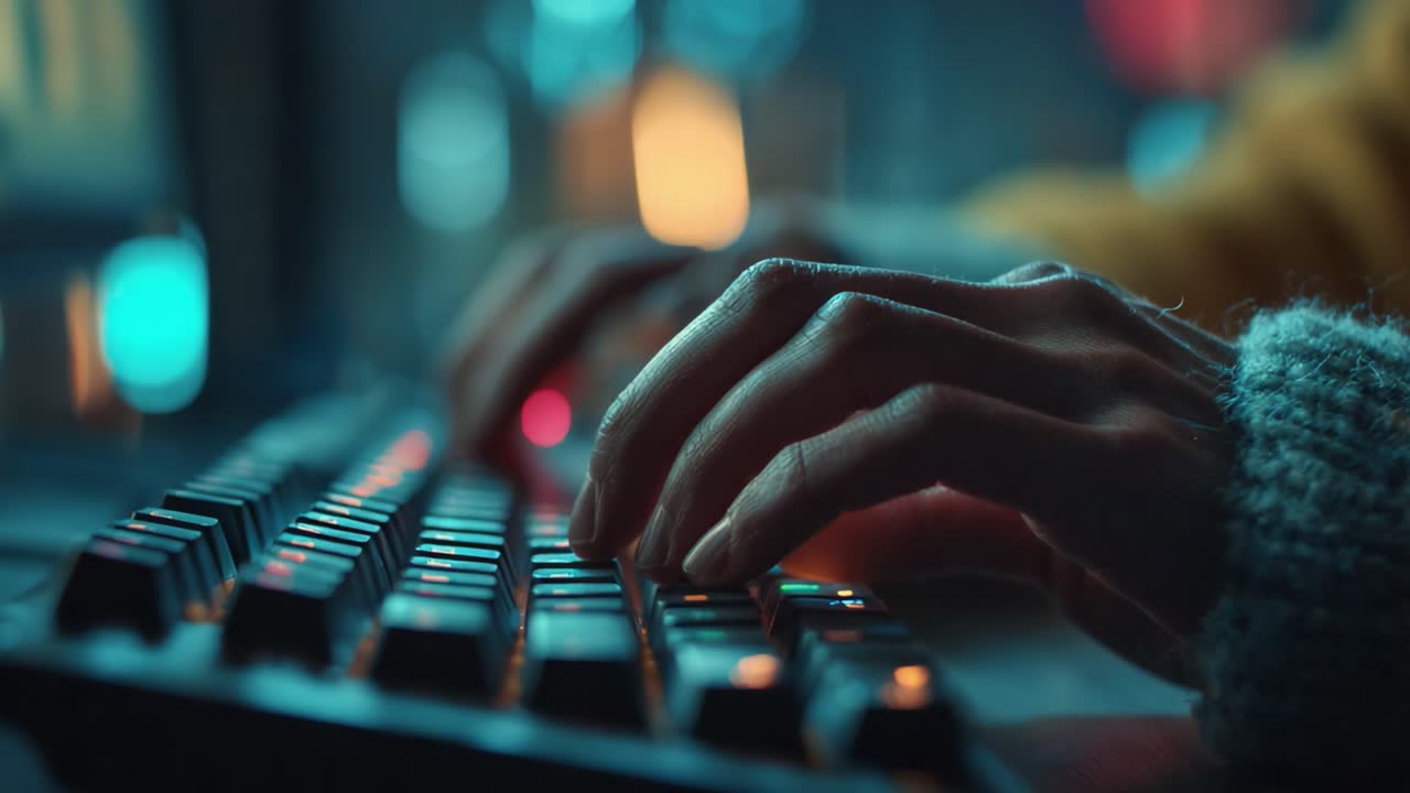 A Close-Up of Hands Typing on a Mechanical Keyboard in a Dimly Lit Room, Illuminated by Colorful LED Lights and Reflective Surfaces, Capturing the Essence of Modern Technology