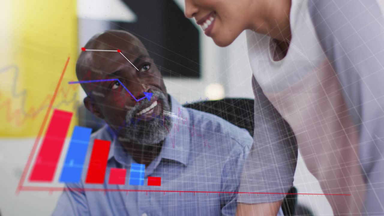 Colleagues typing data, displaying transparent charts overlaying desk and guiding business analysis