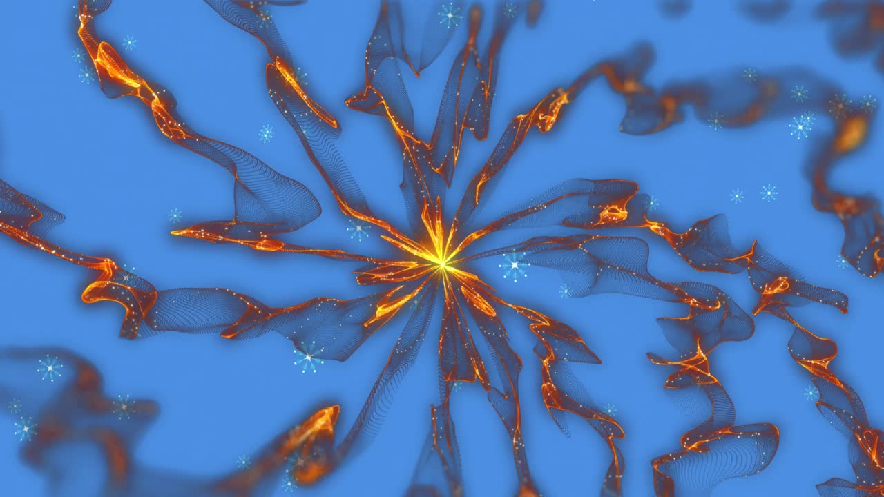 파란색 배경에 떨어지는 눈송이 위에 회전하는 디지털 파동