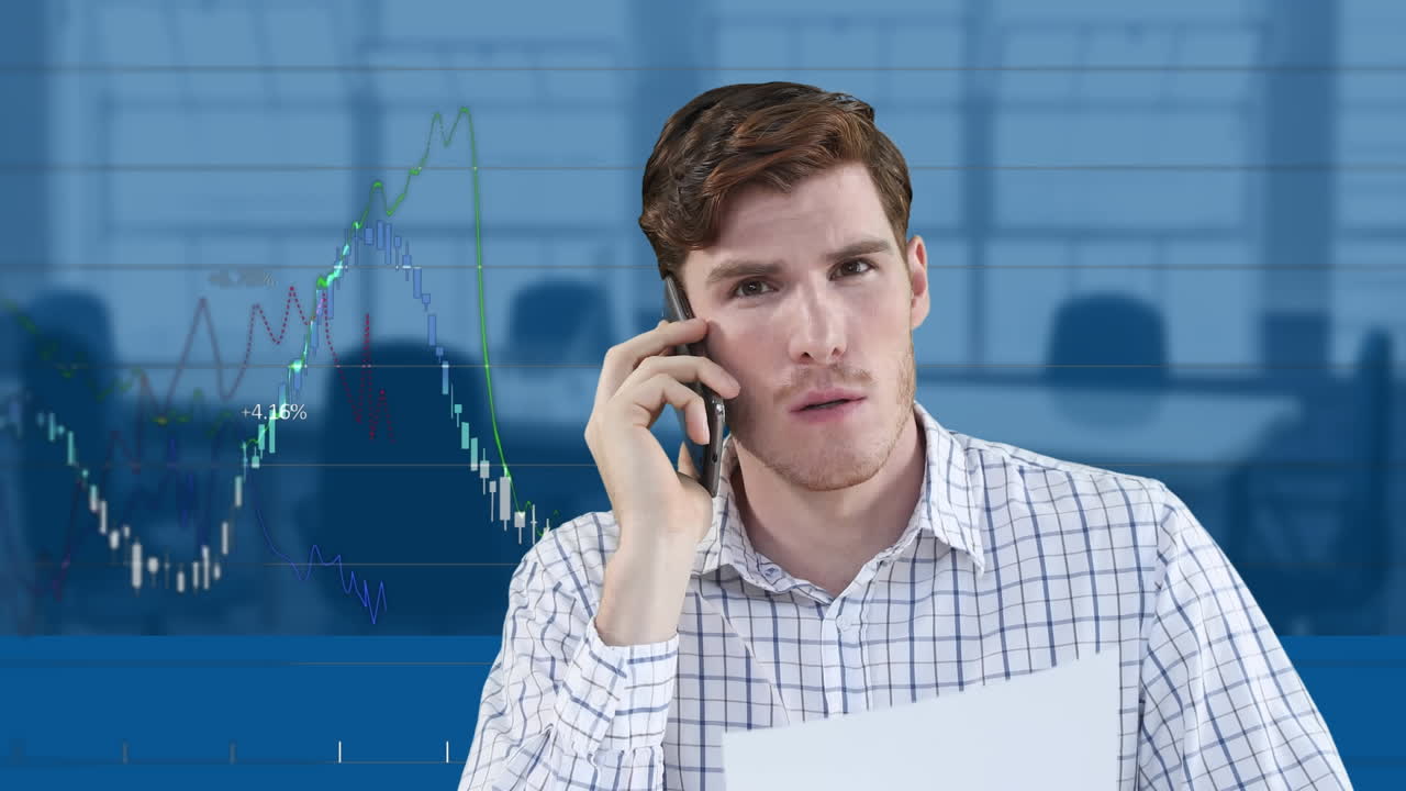 Animation of businessman using smartphone and financial data processing over empty office