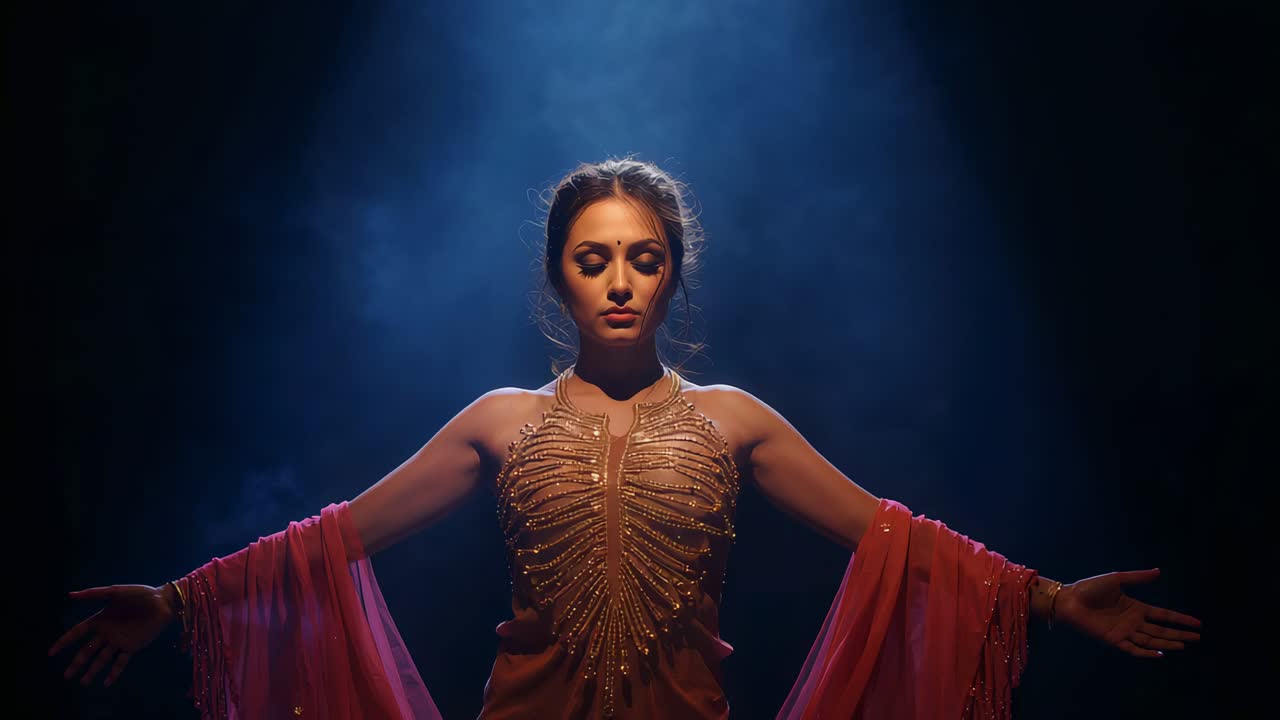 Raising chin, Asian dancer holding T pose onstage as spotlight brightening to reveal beads, chiffon