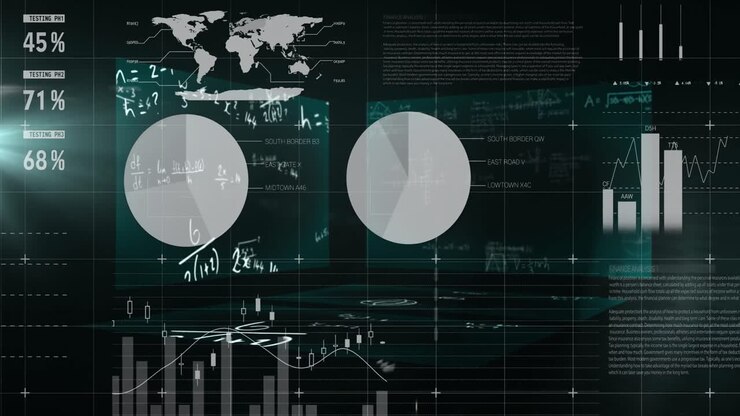 Mathematical equations floating against statistical data processing against black background