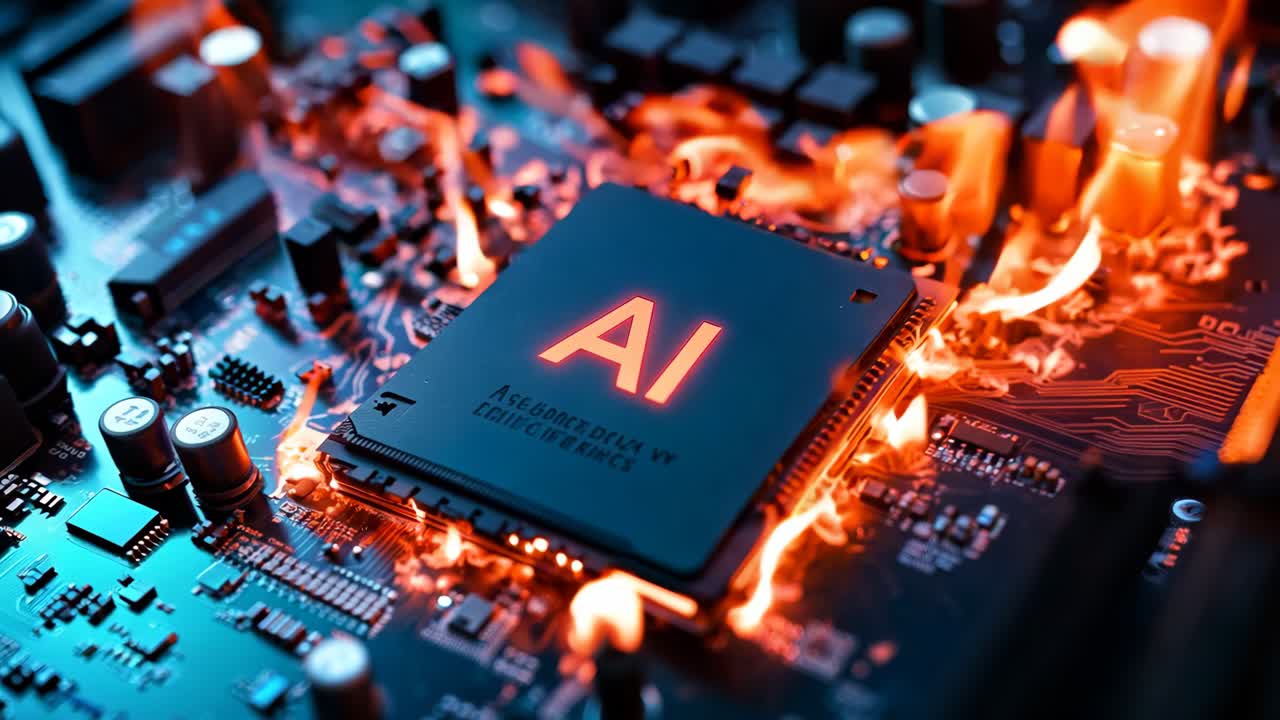 un chip di computer sulla parte superiore di una scheda di circuito con fiamme che ne escono