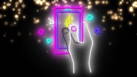 Digital-animation-of-neon-hand-holding-smartphone-icon-against-shining-stars-on-black-background