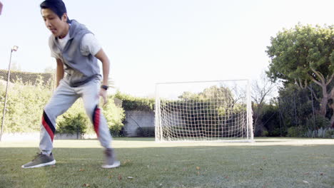 playing soccer, asian man in sportswear running on field near goalpost, copy space
