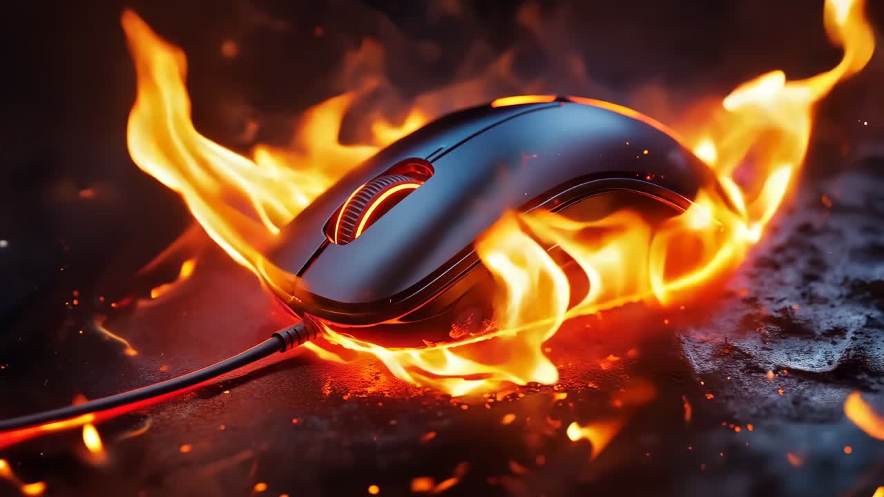 un ratón de computadora en llamas con un fondo negro