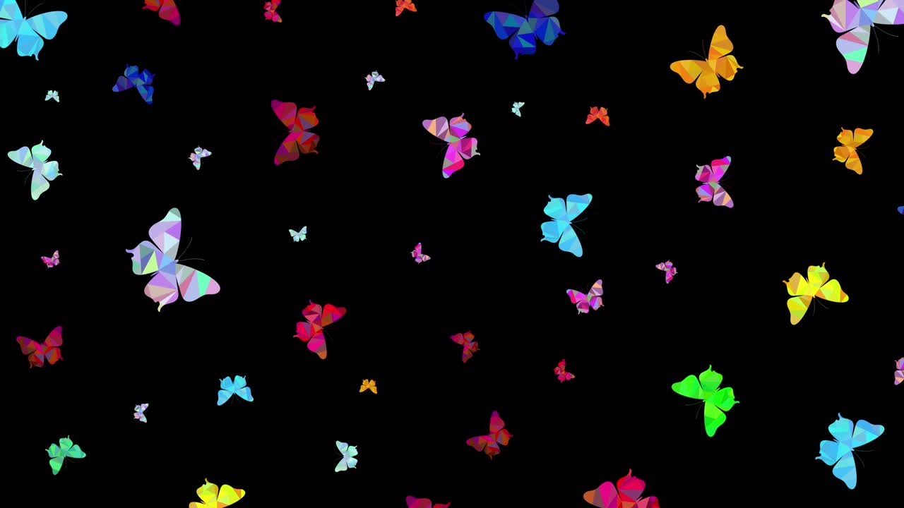 다채로운 다각형 나비가 검은 바탕에 회전합니다. 그려진 나비의 움직임의 애니메이션. 확대 및 삭제 운동 애니메이션. 수평 구성, 4k 비디오 품질.