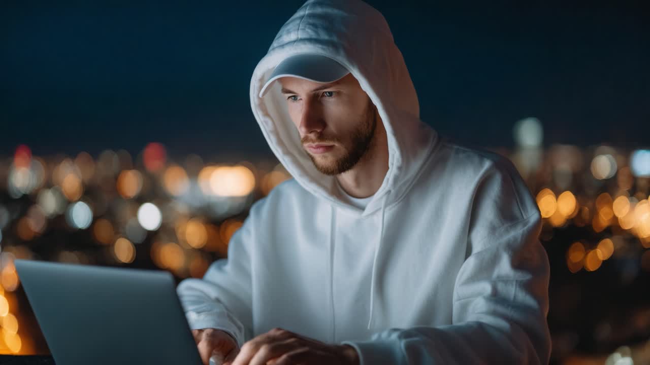 Una persona concentrata, vestita con felpa e cappuccio bianchi, utilizza intensamente un laptop sullo sfondo di una città illuminata dalle luci notturne, incarnando l'essenza del lavoro moderno e della concentrazione