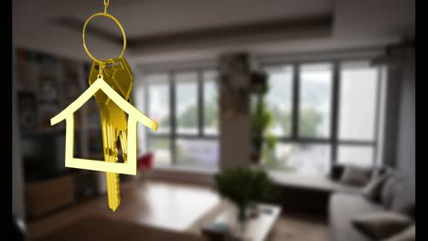 animation of key with house keychain over house interior