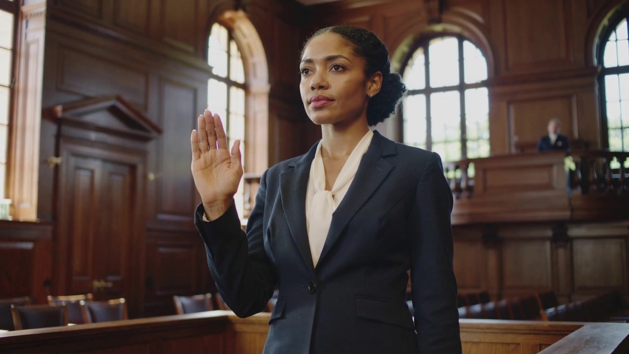 Raising woman wearing blazer holding raised right hand in courtroom, taking oath after judge asking