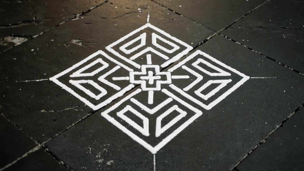 Shifting camera view centering white motif on paving, showing grout cracks, drips and warm glow